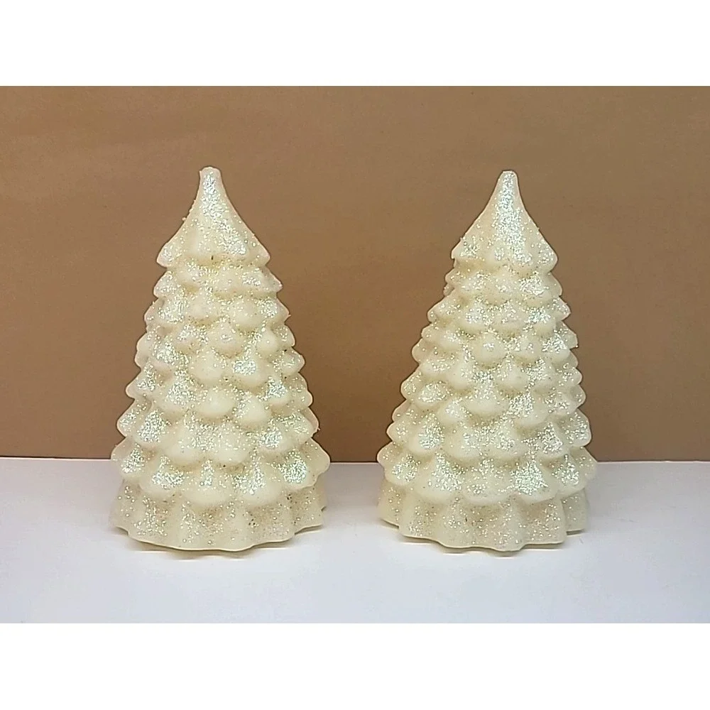 Set Of 2 Light Up Iridescent Glitter Wax Ivory Color Christmas Trees 6